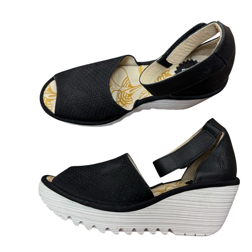 Fly London Yake Perforated Leather Wedge Sandals 38